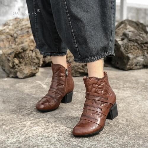 Handmade Genuine Leather Pumps Retro Round Toe Women Ankle Boots Block Heels Slip On Office Shoes Side Zipper Coffee/Black