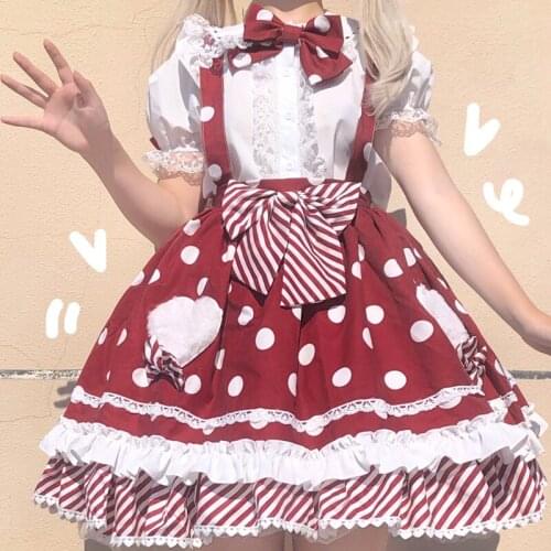 Japanese Sweet Lolita Soft Girl Ball Gown JSK Dress Kawaii Wave Point Printing Sleeveless Bow Cute Lace Ruffles Camisole Dress
