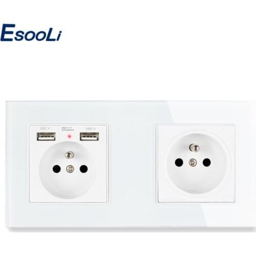 Esooli French Standard Crystal Glass Panel Wall Socket With 2 USB Charging Port + 1 Gang French Socket 172*86mm
