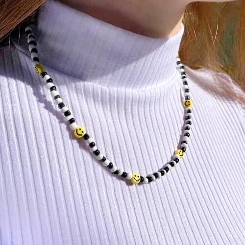 Go2Boho Smile Face Choker Necklaces For Women White And Black Beaded Necklace Aesthetic Trendy Girl Jewelry 2021 Fashion Collar