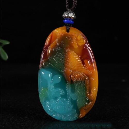 Natural Color Jade Hand Carved Phoenix Jade Pendant Fashion Boutique Jewelry Mens and Womens Color Peacock Necklace