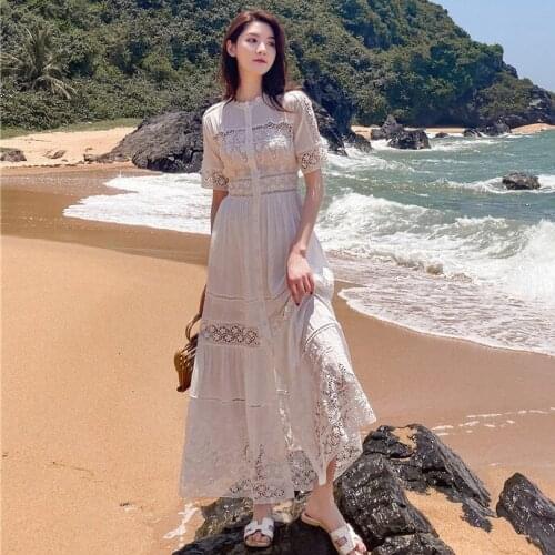DUISNENA boho dress fairy floral hollow out women dresses holiday slim button long robe vestidos