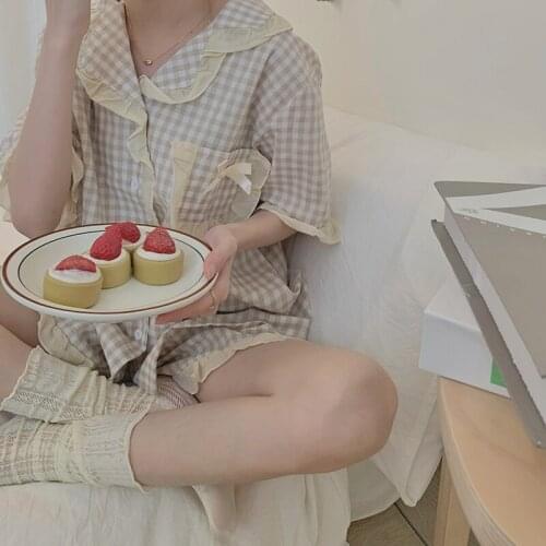 Japanese Sweet Lazy Girly Pajamas Suit Kawaii Casual Plaid Comfortable Ruffles Shorts Sleeve Tops Elastic Waist Two-Piece Suit
