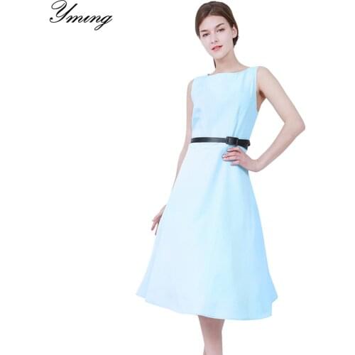 YMING Casual Women Dress Midi Vestidos Summer Fashion Dresses with Belt Solid Sundress for Woman Party Office Plus Size Dress