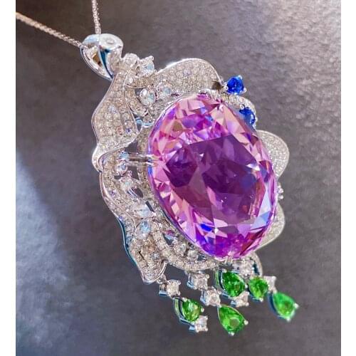 LR713 Fine Jewelry Real Pure 18K White Gold Jewelry 100% Natural Kunzite 45ct Gemstone Diamonds Pendant Neckalces for Women
