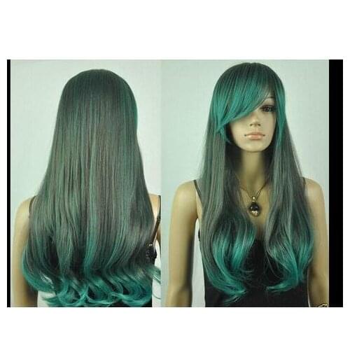 Zhaoxia++01436@Q8++New wig cosplay Harajuku green Gradient mix long Slightly curled wig