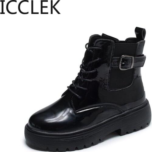 2021 Women Autumnr Black PU Leather Boots Round Toe Lace Up Shoes Woman Fashion Motorcycle Platform Botas Shoes Woman