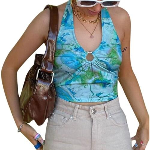 Women Halter Crop Tank Tops Sexy Sleeveless Tie-Dye Print Ruched Ring Front Slim Fit Camisole