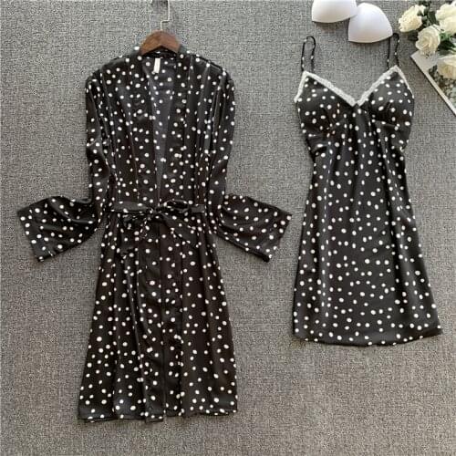 2020 Spring Women Robe & Gown Sets Sexy Lace Sleep Lounge Pijama Dot Long Sleeve Nightwear Bathrobe Night Dress With Chest Pads