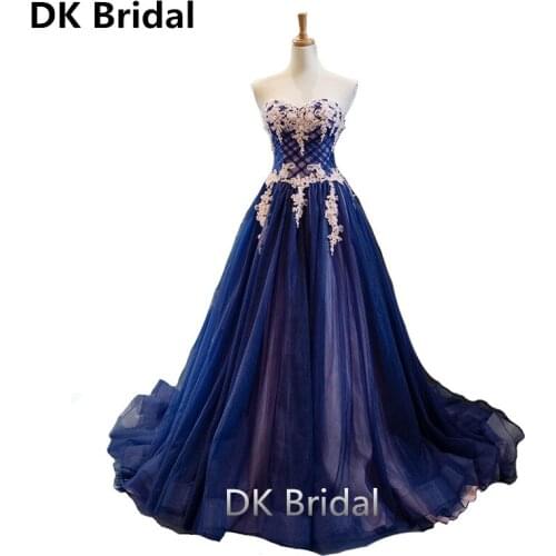 Navy Blue Long Evening Party Dresses Sweetheart Appliques Beaded A Line Prom Formal Dress Vestidos De Festa Robe De Soiree