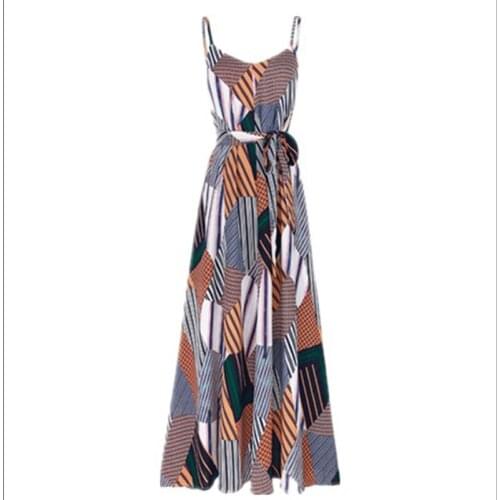 Women Retro Print Chiffon Dress New 2021 Summer Spaghetti Sling Sexy V Neck Beach Holiday Dress Lady With Belt Long Robe Fashion