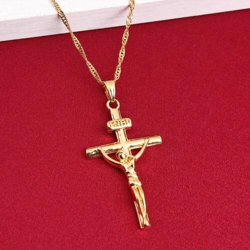 Gold Cross Chain Men Crucifix Necklace Pendant Women Jesus Yellow Gold Filled Christian Catholic Jewelry