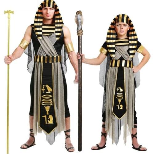 Gold Egypt Pharaoh Costumes For Purim Party Adults Kids Clothing Egyptian King Men Prince Purim Fancy Dress