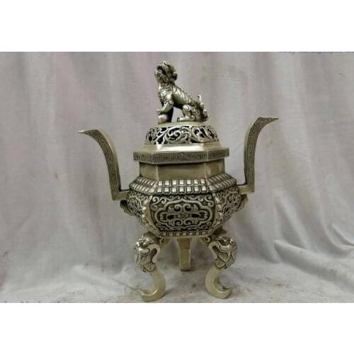12" China silver finely censer carved Foo Dogs Lion ball incense burner Statue