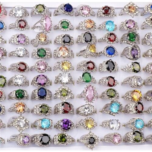 15pcs/lot Fashion Luxury Silver Plated Multicolor Big Zircon Stone Rings For Women Mix Style Wedding Jewelry Gifts Wholesale