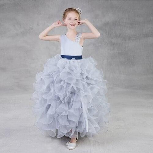 201 European American Style Flower Girl Dress Long Grey Irregular Neck Cute Tulle Ball Gown Flower Girl Dresses For Weddings