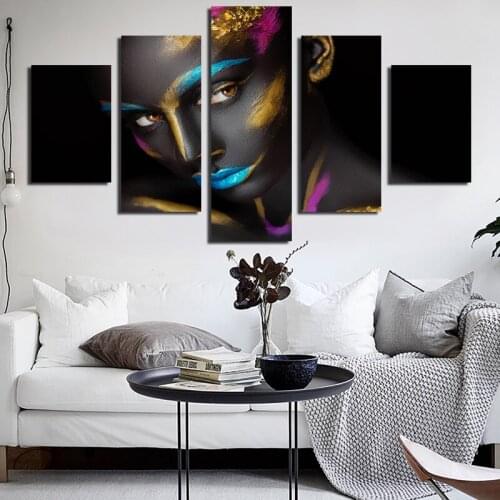 5 Pcs Beautiful Black Lady Superior Colorful Make Up Posters Canvas Printing Black Wall Posters Modern Living Room Decoration