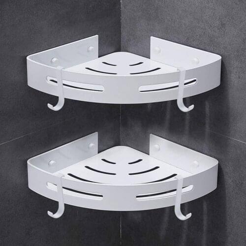 Aluminum Storage Shelves Bathroom Shower Caddy Corner Shelf With 4 Hooks Toilet Kitchen Organizer Adhesive No Drilling Racks