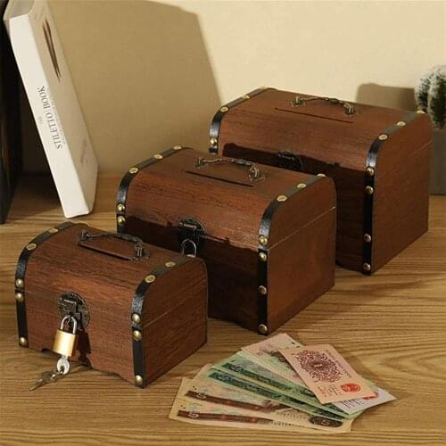 Large Wooden Piggy Bank Safe Money Box Savings With Lock Wood Carving Handmade Legendary Treasure Chest Organizer Brown