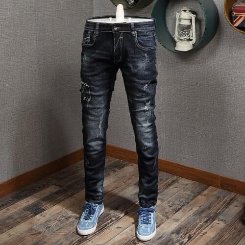 Italian Style Fashion Men Jeans Retro Black Blue Slim Fit Destroyed Ripped Jeans Men Baggy Pants Vintage Hip Hop Jeans Hombre