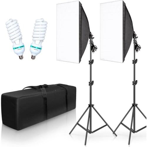 Photography Lighting Kit Photo Box Professional Studio Continuous Equipment with 2 Bulbs E27 Socket 50cm*70cm Softbox