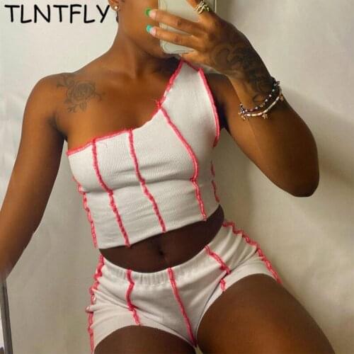 Set Woman Summer Two Pieces Fashion 2021 Irregular One-Shoulder Vest And Casual Shorts Sexy Striped Skinny Sports Fitness Suit