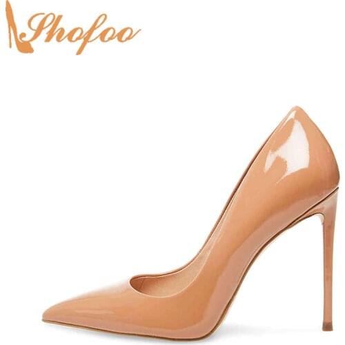 Brown Pointed Toe High Thin Heels Stilettos Pumps Woman Patent Leather Large Size 11 15 Ladies Fashion Office Mature Shofoo