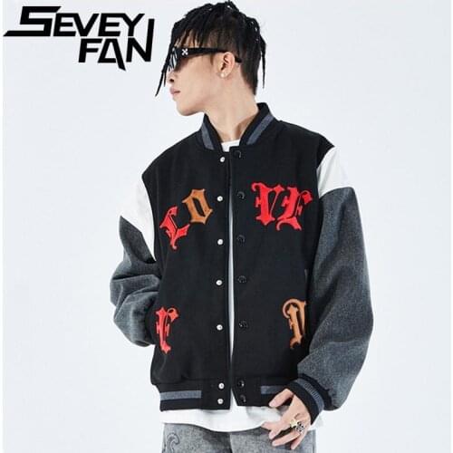 SEVEYFAN Love Embroidery Contrast Color Jacket Mens Street Hip-Hop Loose Fashion Baseball Uniform