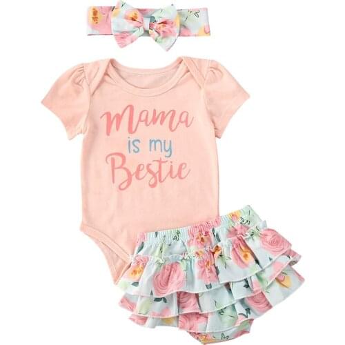 Summer Toddler Infant Baby Girls Cotton Casual Outfits Set Letter Bodysuit+Floral Shorts+Headband Cute Baby Clothes 0-24M