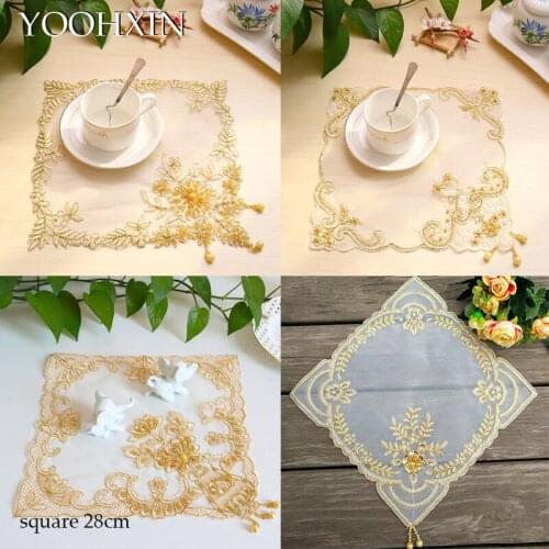 HOT gold sequin embroidery lace table place mat cloth pad cup coaster placemat doily kitchen wedding Christmas decor tableware