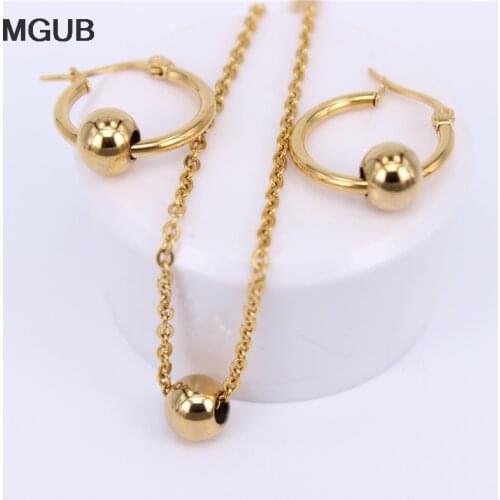 MGUB Multi-size Gold Color stainless steel Fashion Metal beads Jewelry Sets Necklace and Earrings Women with Chain LH578