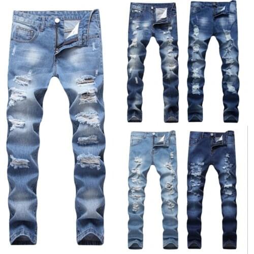 2020 Designer Mens Ripped Jeans Slim Fit Light Blue Denim Joggers Male Distressed Destroyed Trousers Button Fly Pants