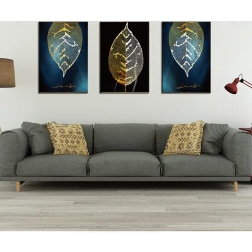 3 Piece Leaf Wall Art Canvas Golden Leaf Decoration Print Canvas Wall Art Golden Leaves Vein Canvas Abstract Paintings Living Ro