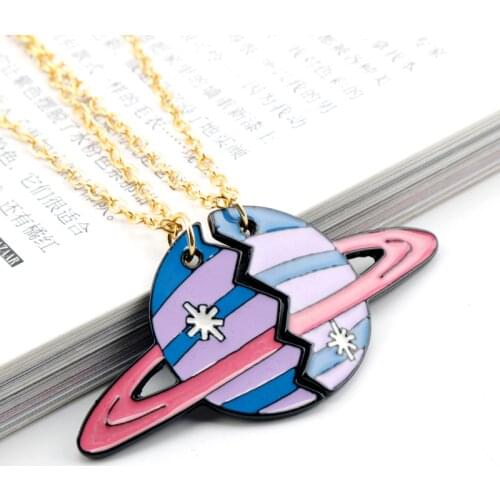 Best Friends Gift Cute Purple Pink Planet Galaxy Pendant Metal Enamel Necklaces For Women Girls Children Kids Jewely Gift