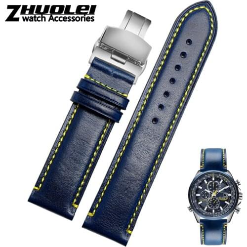 For Substitute Citizen AT8020 JY8078 wristband genuine leather strap 23mm blue Watch Band with folding buckle bracelet