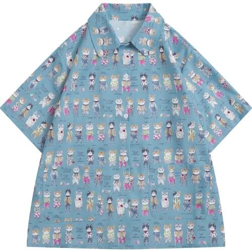 New Design Summer Japanese Sweet Cartoon Cats Printed Harajuku Loose Women Chiffon Shirt Short Sleeves Shirt Tops Ladies Bouses