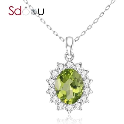 SDOOU Top Jewerly Silver Pendant Necklace Green Peridot Classic Korean Fashion Gemstone Pendant 925 Silver Jewelry For Women New