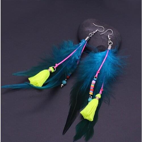 Fashion blue green feather earrings Bohemian feather crystal tassels ladies earrings & ear hooks exquisite party jewelry gifts