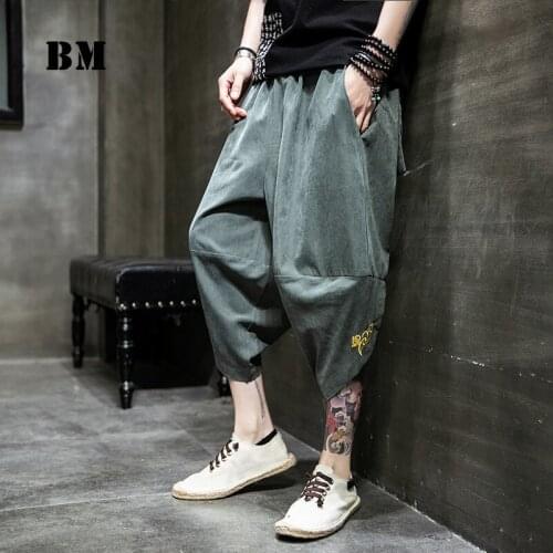 2021 Summer Plus Size Cropped Pants MenS Clothing Chinese Style Fashion Casual Loose Harajuku Embroidery Harem Pants Male