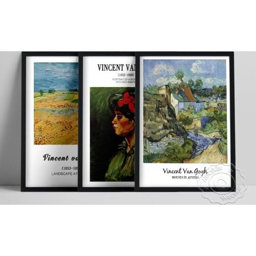 Vincent Von Gogh Exhibition Poster, Portrait Of A Woman With A Red Ribbon Painting, Houses In Auvers Prints Art, Gogh Wall Decor