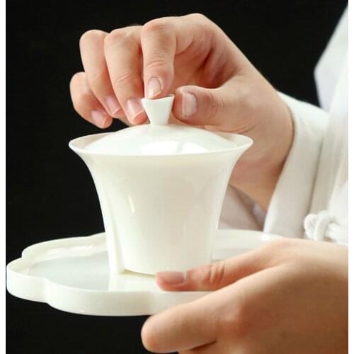 Vintage ceramic gaiwan fat jade white porcelain big bowl Japanese handmade sancai tea tureen art accessories home decor