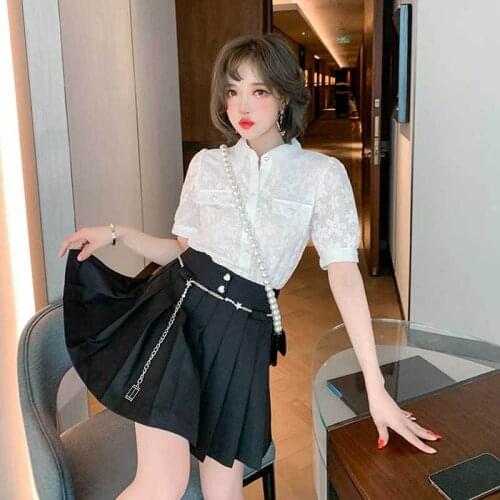 Lace Jacquard Miuco bubble sleeve shirt + waist chain high waist thin pleated skirt suit for women 2021 spring and summer