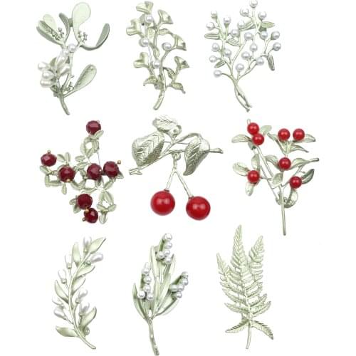 Vintage Green Color Plant Pearls Pin Tree Lotus Leaf Cherry Flower bamboo Enamel Brooch for Women Coath Suit Accessories Gift