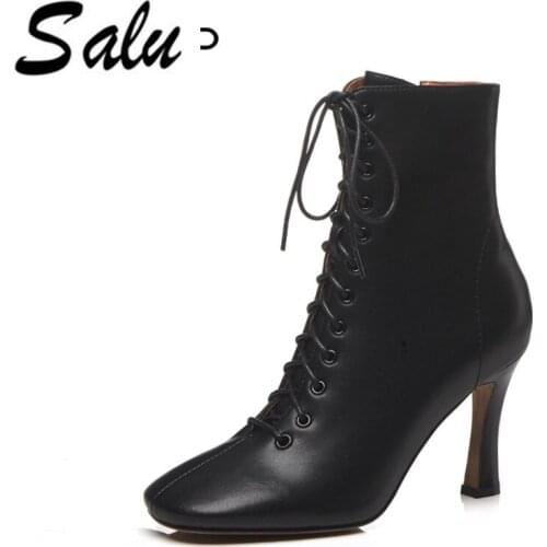 Salu 2020 new Women Boots Slip On Footwear Ankle boots Genuine leather Spring Women Booties Brand Street High Heels Boots