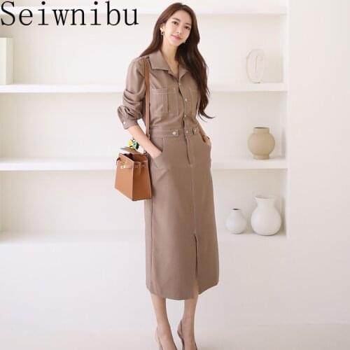 Korean Maxi Dresses for Women Fashion Clothing Pockets Slim Waist Split Dress Streetwear 2020 Temperament Vestidos