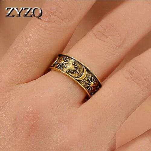 ZYZQ Gold Color Moon Stars Engrave Rings For Women Engraved Flower Pattern Retro Party Female Finger Ring Stylish Jewelry