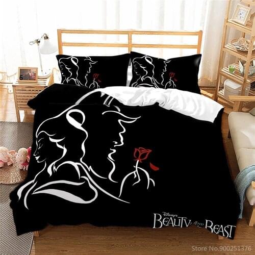 Simple Style Black and White Bedding Set Disney Beauty and The Beast Comforter Cover Pillowcase Duvet Cover Set for Kids Adults