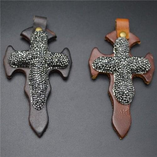 Black or Coffee Color Real Leather Arrow Shape Cross Man Pendant Paved Crystal Beads on Surface Fashion Jewelry Making