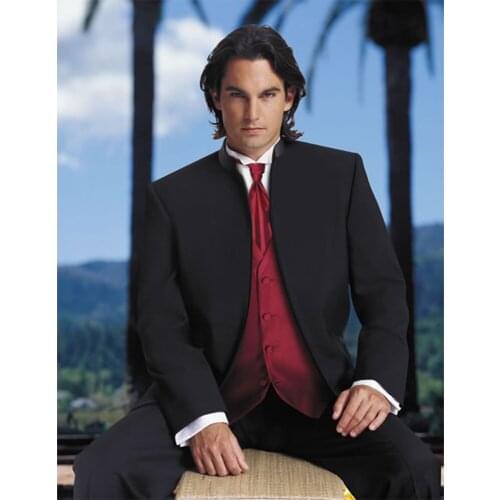 Custom Made to Measure Tailored mens BESPOKE suit, Madarin Collar grooms men tuxedos with Burgundy waistcoat(Jacket+Pants+Vest)