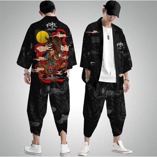 Streetwear Cosplay Costume Black Print Cardigan Fashion Haori Coat Asian Japanese Traditional Kimono Pant Set Clothing for Men